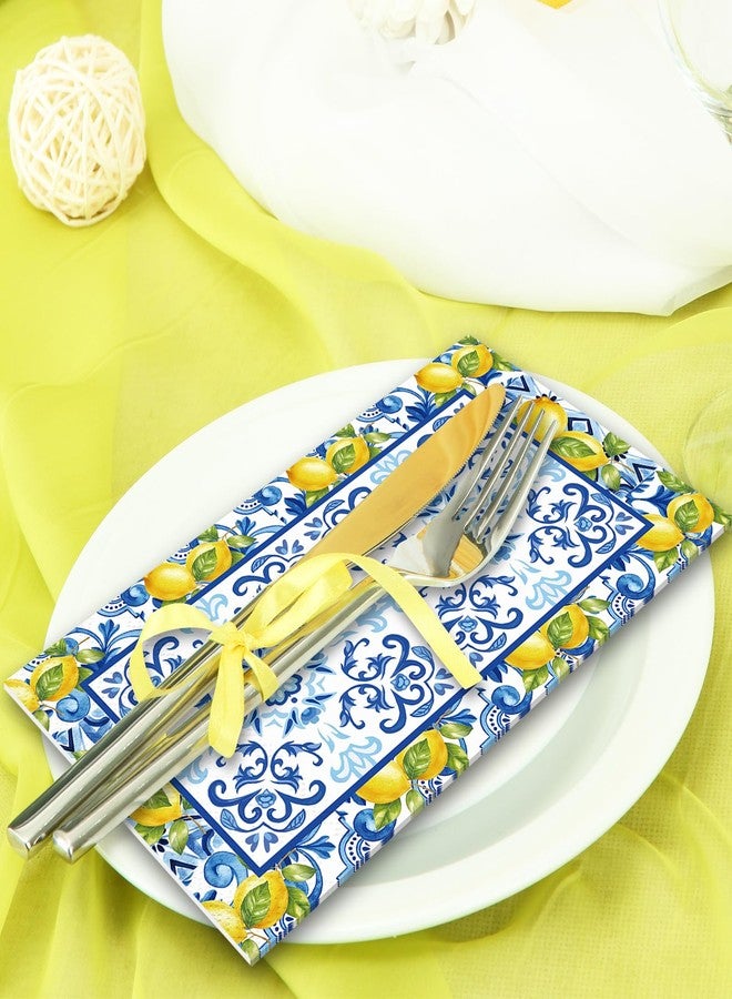JarThenaAMCS 80Pcs Lemon Guest Napkins Blue Tile Lemon Disposable Paper Napkin Mediterranean Dinner Hand Napkin for Summer Party Supplies - Image 5